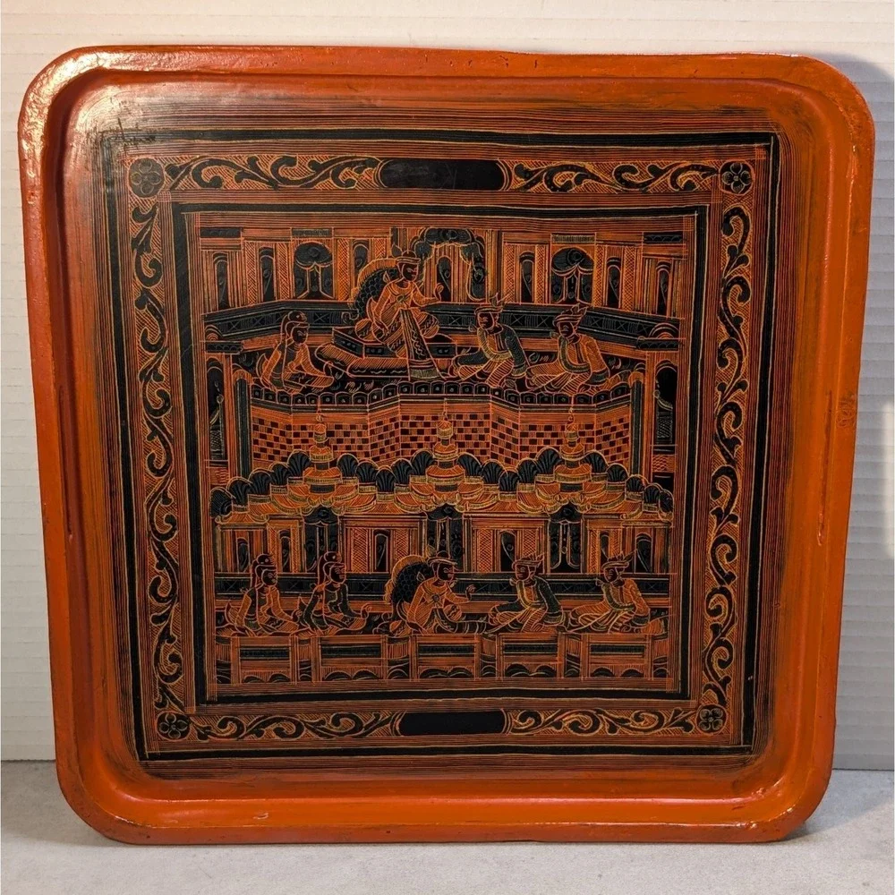 Vintage Burmese Burnt Orange Lacquer Square 11